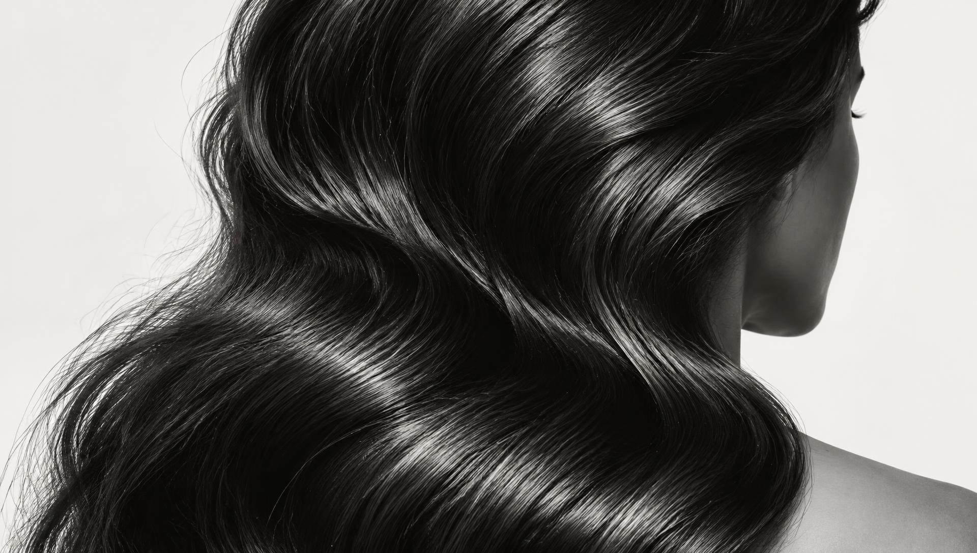 Sculptural waves and glossy brunette hair in an editorial black-and-white portrait